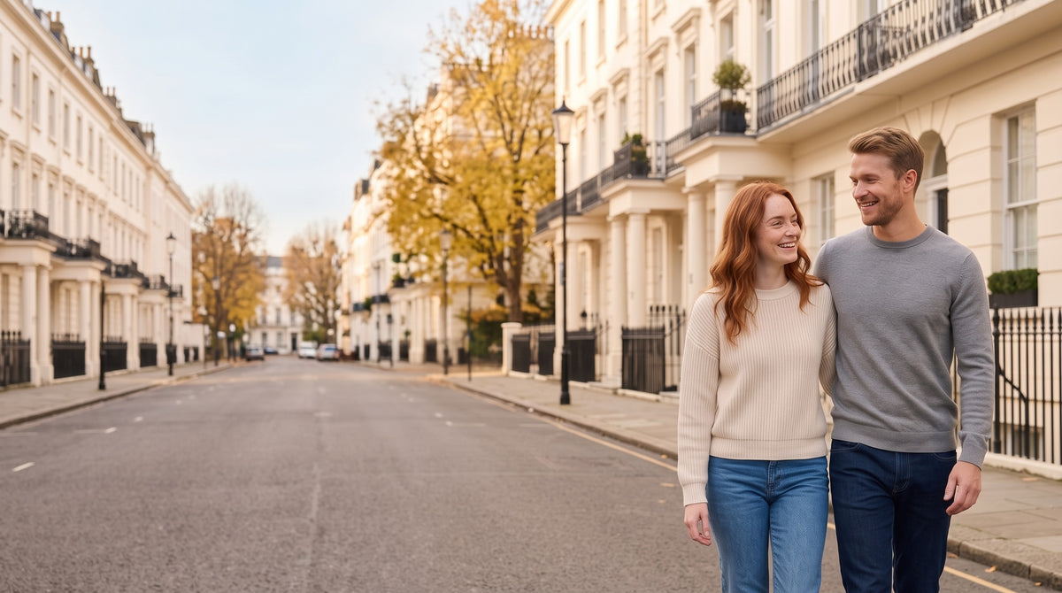 Two people in knitwear walking along a London terrace street