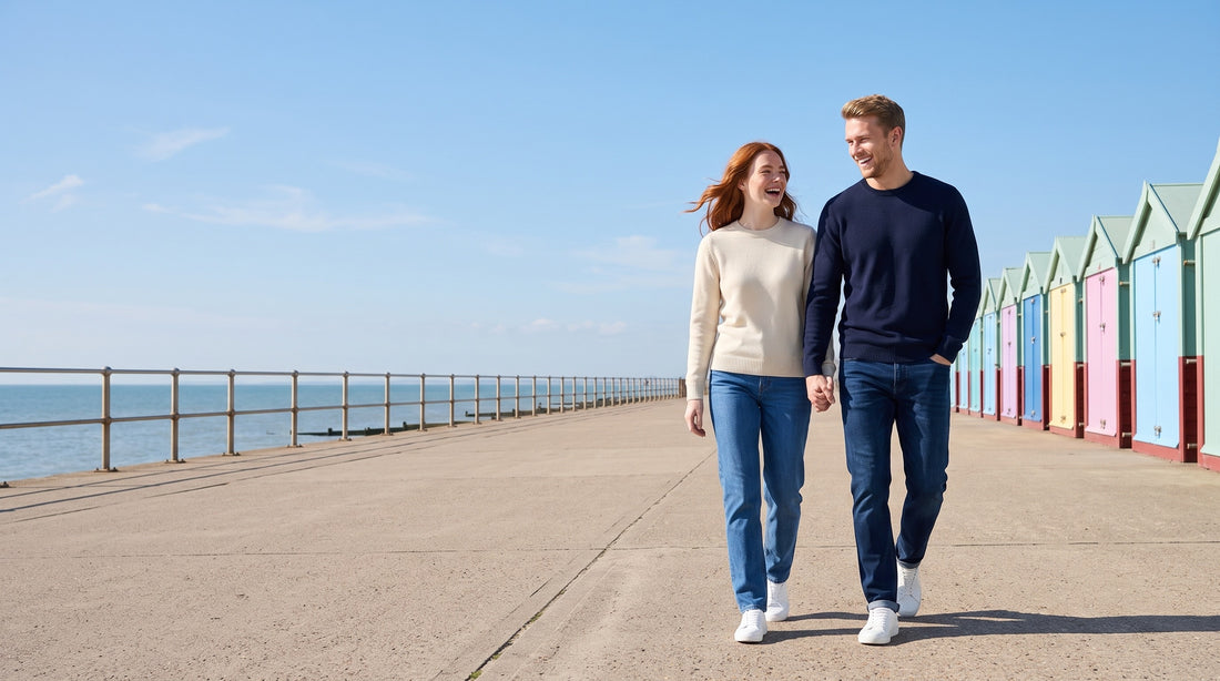 Two people walking on the seafront in Silkybase knitwear