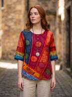 Women's Bohemian Top | Relaxed Flowy Fit with Round Neckline | Elbow-Length Sleeves and Tie Detail